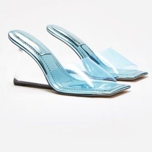 Good American TPU Blue Cinderella Square Toe Lucite Wedge Shoes Size 8.5 NEW